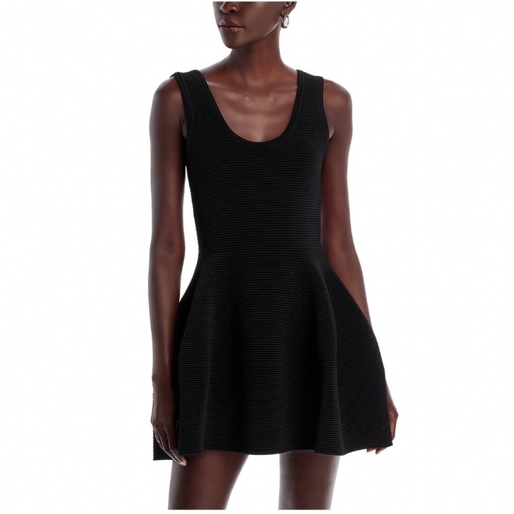 SIMKHAI Larina Mini Dress Black Textured Ribbed Fit and Flare Scoop Neck MEDIUM